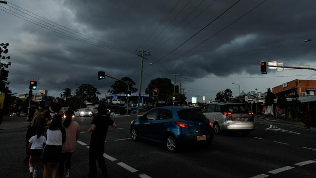 Storms approaching South Brisbane on Tuesday afternoon. Picture Lachie Millard