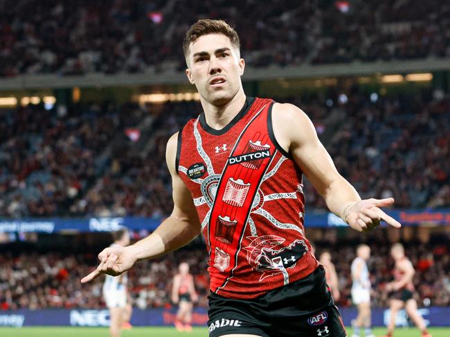 MELBOURNE, AUSTRALIA - MAY 19: Jade Gresham of the Bombers celebrates a goal during the 2024 AFL Round 10 match between the Essendon Bombers and the North Melbourne Kangaroos at Marvel Stadium on May 19, 2024 in Melbourne, Australia. (Photo by Dylan Burns/AFL Photos via Getty Images)