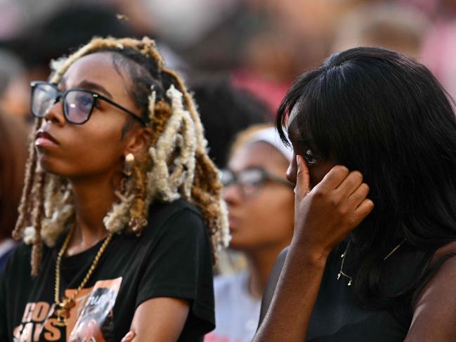 People react as US Vice President Kamala Harris speaks at Howard University in Washington, DC.