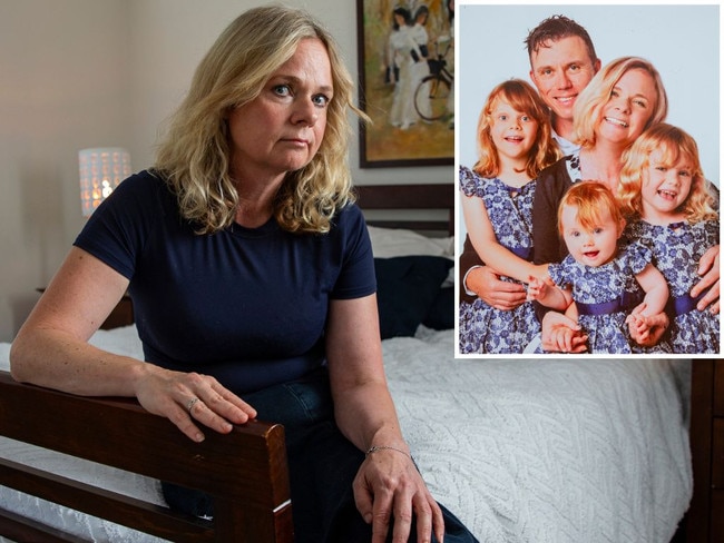 Cbus victim Karen Redhead on Wednesday; top right with late husband Jamie Bell, who died of cancer, and daughters Sophie, Abbie and Zoe in 2016. Picture: Ross Swanborough