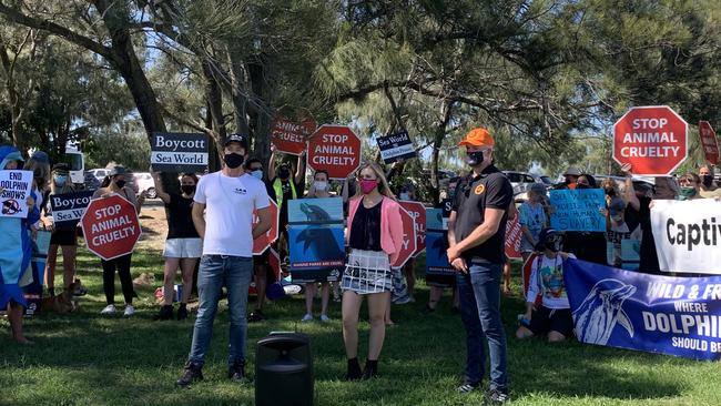 Animal Liberation Queensland executive director Chay Neal, Animal Justice Party MP Emma Hurst and World Animal Protection head of campaigns Ben Pearson led a protest to ban dolphin breeding at Sea World on the Gold Coast on Saturday. Picture: Supplied.