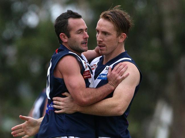 Patrick Rose of Avondale celebrates a goal with Mathew Cravino during the EDFL match between Maribyrnong Park and Avondale Heights played at the Bouldevard in Moonee Ponds on Saturday 16th April, 2016. Picture: Mark Dadswell