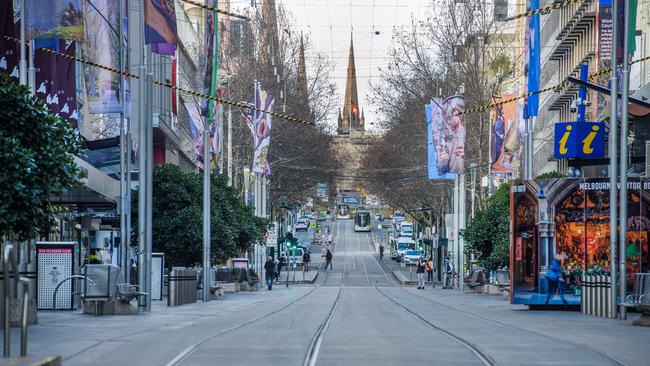 Melbourne’s typically thriving CBD is desterted during lockdown. Picture: Jay Town