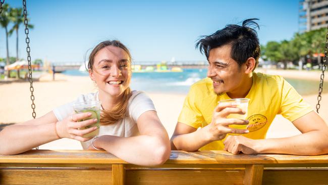 Hot Tamale staff members Storm Chiverton and Amar Singh Thapa are excited about the Darwin Waterfront Beach Club returning. Picture: Che Chorley