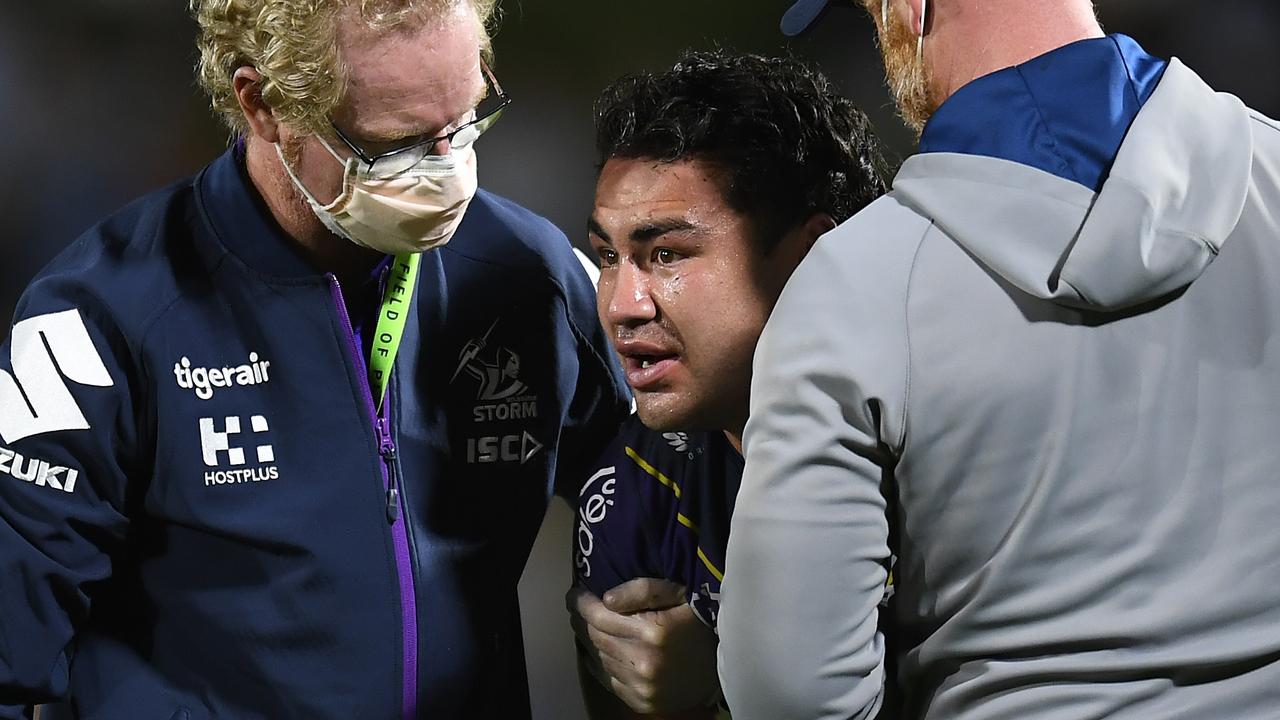 Jahrome Hughes was concussed against Canberra and had to leave the field. Picture: Albert Perez/Getty Images