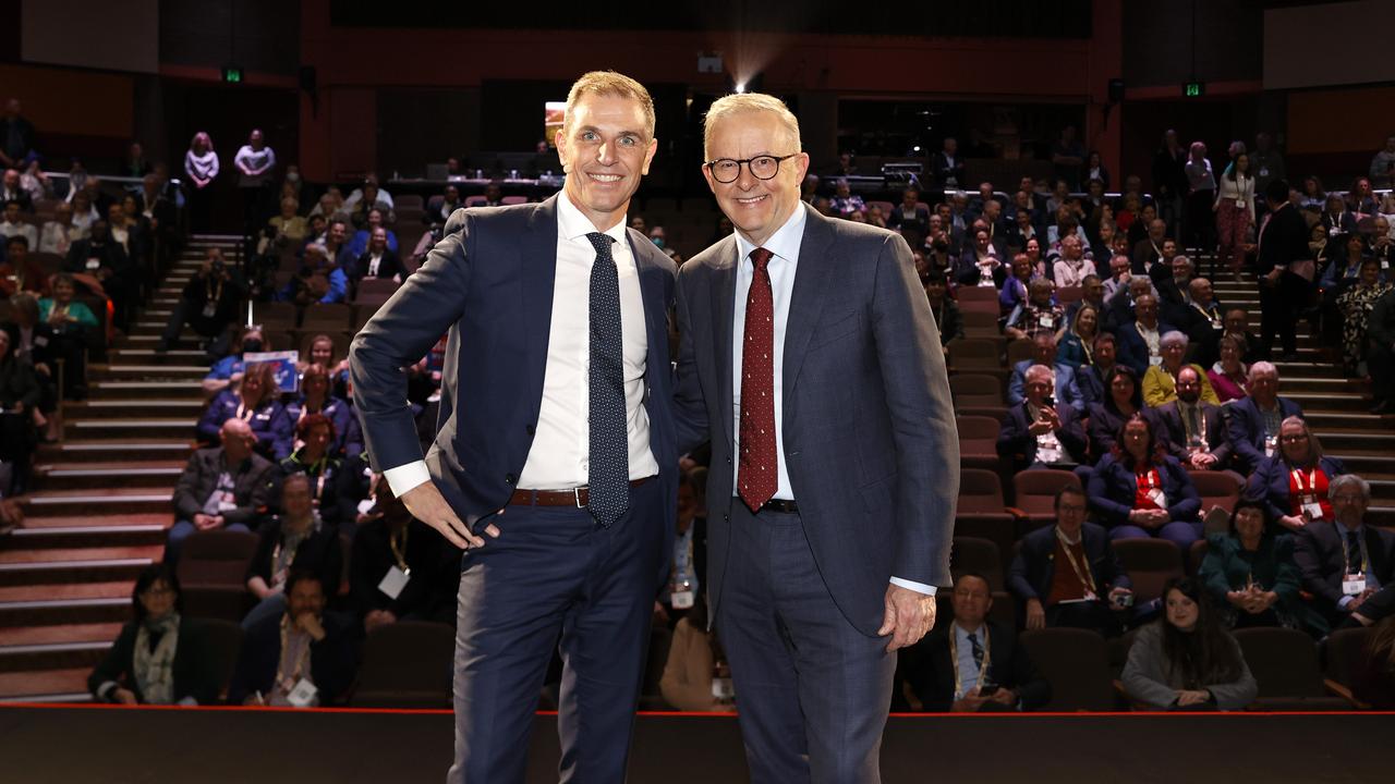 Ben English, editor of The Daily Telegraph with Prime Minister Anthony Albanese at The Daily Telegraph Bush Summit 2022 held at the Griffith Regional Theatre. Picture: Jonathan Ng