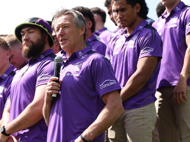 SYDNEY, AUSTRALIA - OCTOBER 03: Craig Bellamy, coach of the Storm speaks during NRL Grand Final Fan Fest at Overseas Passenger Terminal, on October 03, 2024, in Sydney, Australia. (Photo by Brendon Thorne/Getty Images)