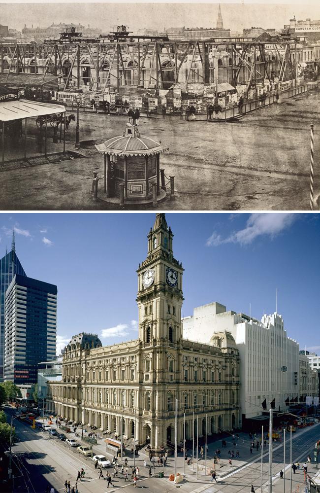 The Melbourne General Post Office being built in 1865, and how it looks today. Pictures: State Library of Victoria, Herald Sun archive