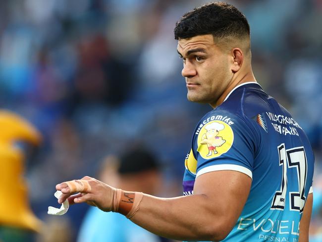 GOLD COAST, AUSTRALIA - AUGUST 28: David Fifita of the Titans looks on during the round 24 NRL match between the Gold Coast Titans and the Newcastle Knights at Cbus Super Stadium, on August 28, 2022, in Gold Coast, Australia. (Photo by Chris Hyde/Getty Images)