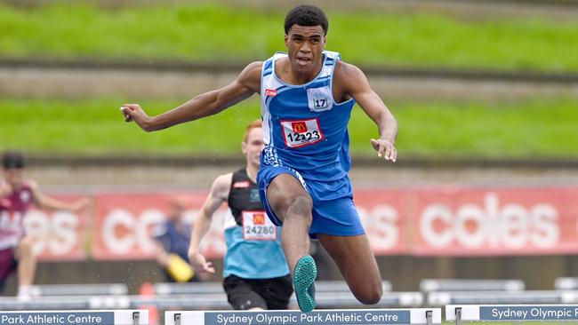 Uchenna Egbu from Canterbury club in action in the U17, 300m Hurdles (76cm).