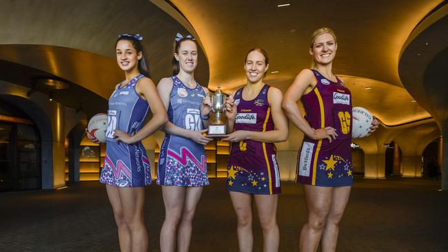 Contax’s Tabitha Packer and Chelsea Blackman with Matrics’ Hannah Schwarz and Lucy Reynolds ahead of the Netball SA Premier League and reserves grand finals on Friday night. Picture: Roy VanDerVegt