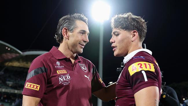 Maroons fullback Reece Walsh (R) with coach Billy Slater after Origin I. Picture: Getty