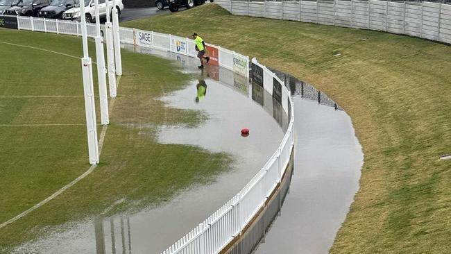 The new Barossa footy oval at Lyndoch waterlogged on Saturday. Picture: David Lewis