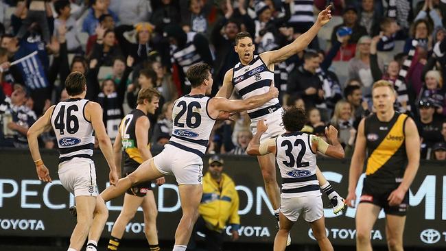 Harry Taylor puts Geelong in front in his 200th game. Picture: Wayne Ludbey