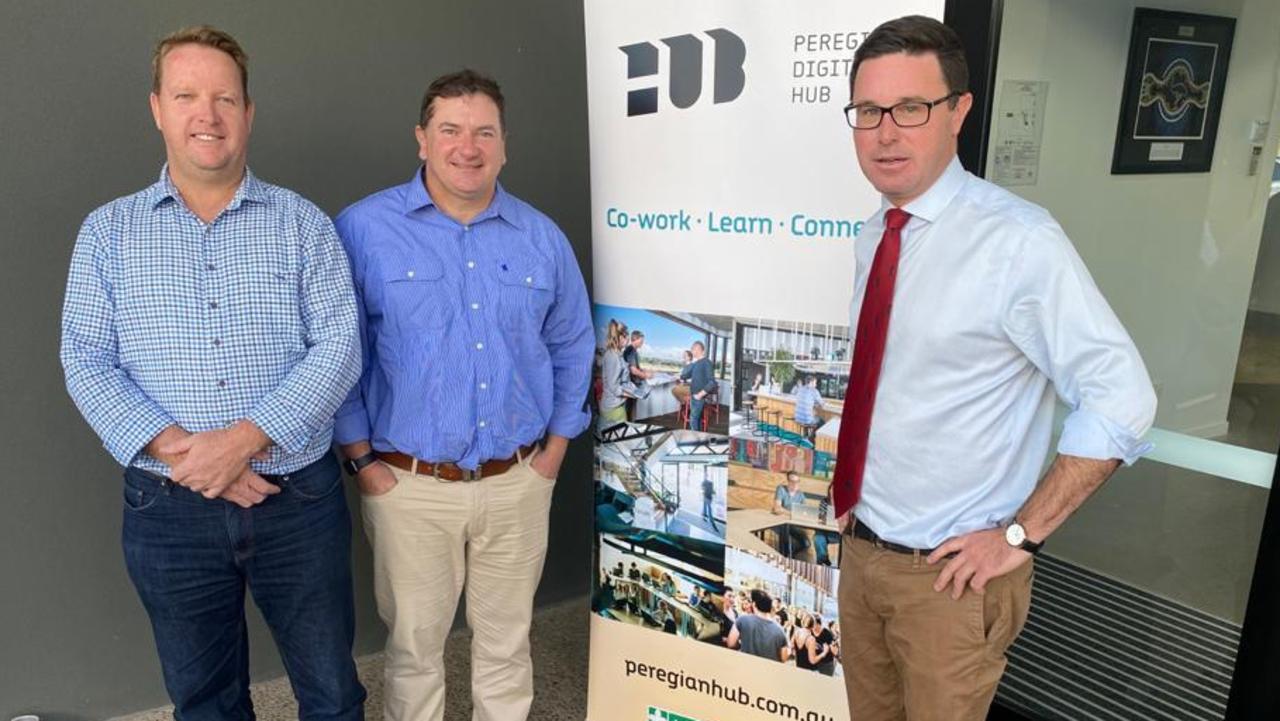 Peregian Digital Hub director Chris Boden explains the FireTech Laboratory roll out to Member for Wide Bay Llew O'Brien and Emergency Management Minister David Littleproud.