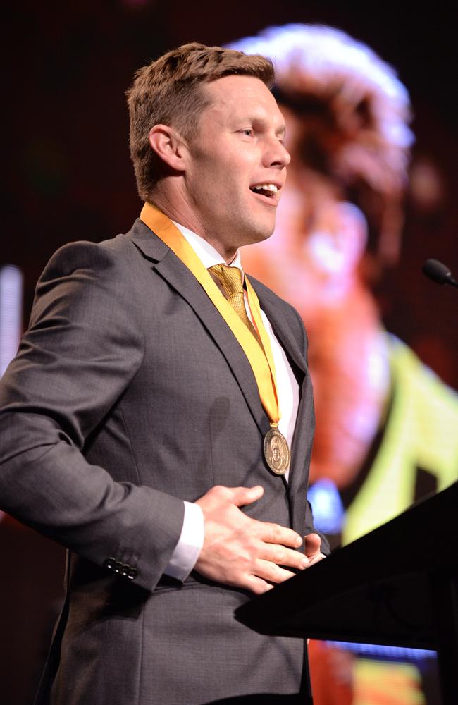 Sam Mitchell addresses the Hawks faithful after winning the best-and-fairest. Picture: Eugene Hyland