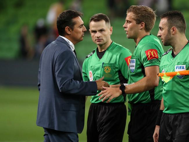 Alex King (second from right) and other professional referees have gone on strike. Picture: AAP Image/George Salpigtidis