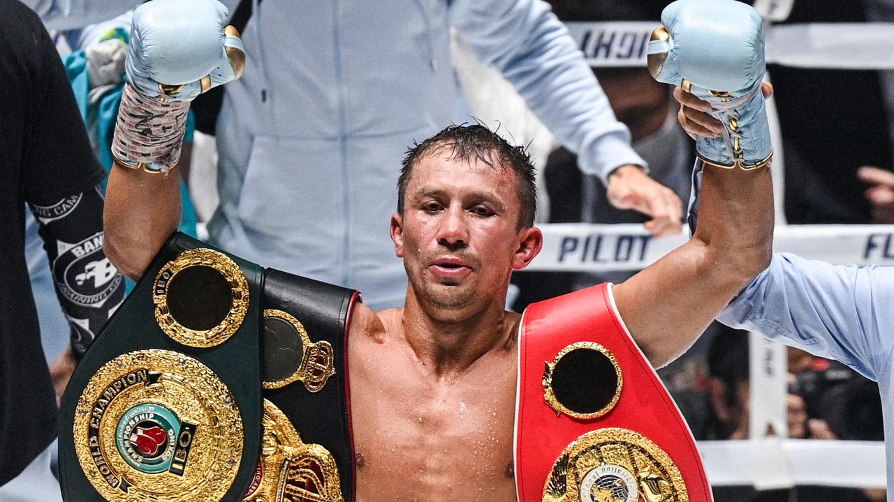 Kazakhstan's Gennady Golovkin celebrates victory against Japan's Ryota Murata during their WBA IBF middleweight championship boxing bout at Saitama Super Arena in Saitama on April 9, 2022. (Photo by Philip FONG / AFP)