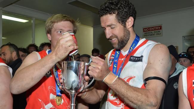 Troy Schwarze enjoys premiership celebrations after his team defeated Frankston Bombers in this year’s Nepean grand final.