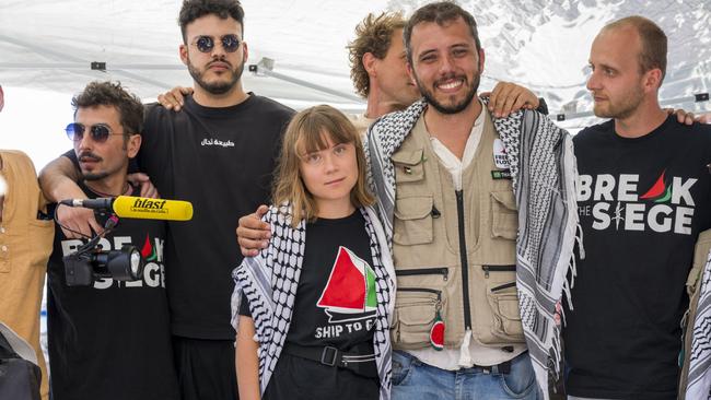Greta Thunberg with part of the crew of the ship Madleen, shortly before departure for Gaza, during the press conference in San Giovanni Li Cuti in Catania, Italy. Picture: Getty Images.