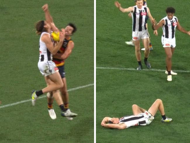 Nathan Murphy was taken high by Darcy Fogarty. Photo: Fox Footy.