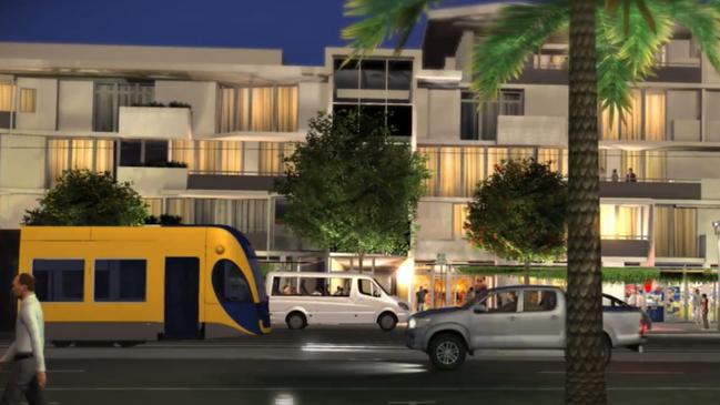 Light rail from Broadbeach to Nobby Beach – how the trams will look on the Gold Coast Highway.