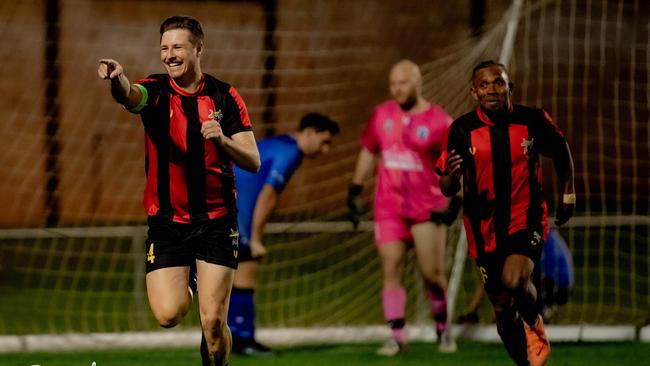 Nicholas Edwards celebrates scoring a hat-trick in Darling Downs men’s grand final. Picture: DSL Photography