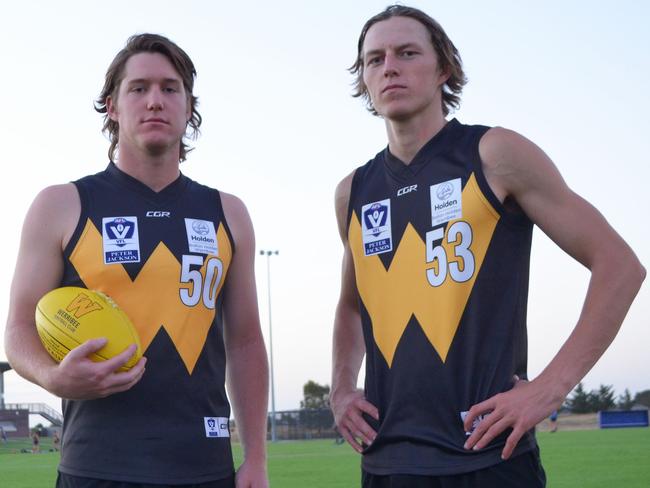 Nightcliff star tall forward recruit Tom Boyd (right) with Werribee teammate Hudson Garoni. Picture WERRIBEE FOOTBALL CLUB