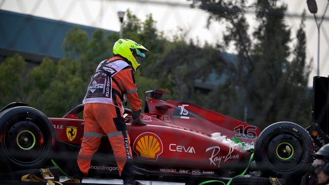 The car of Ferrari's Charles Leclerc is taken off the track after crashing during the second practice session for the Formula One Mexico Grand Prix. Picture: AFP