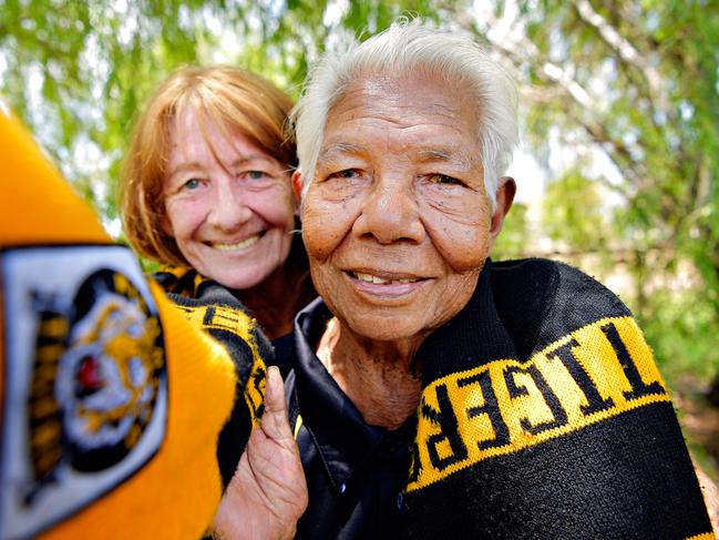 Helena Kalippa-Rioli supporting great grandson Daniel Rioli in the Richmond versus Adelaide Crows grandfinal in 2017. Pictured with Helena is Sue Leadan. Picture: Michael Franchi