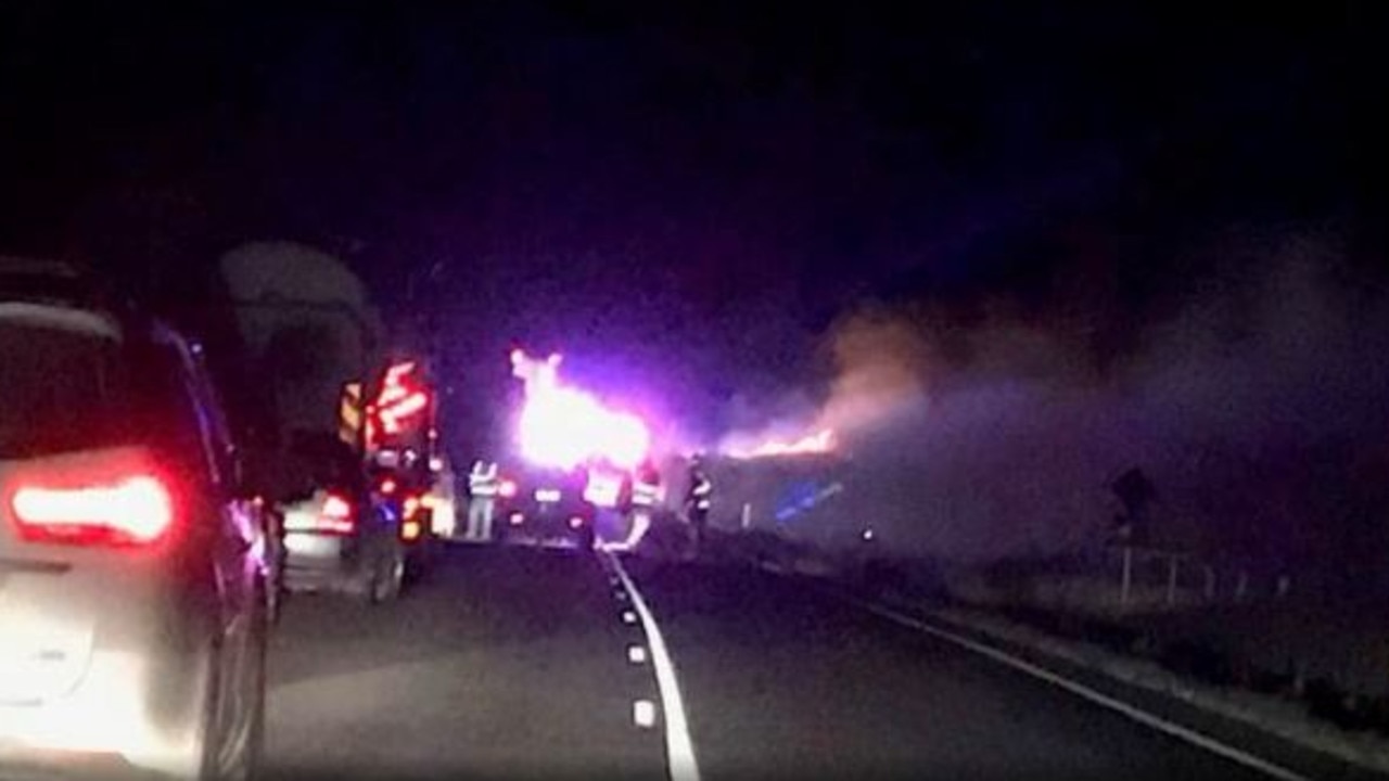 The truck flipped over in the collision and both vehicles burst into flames.