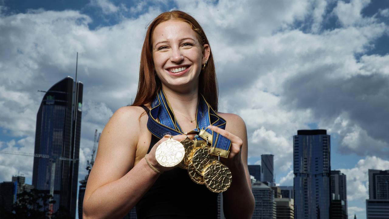 Mollie O'Callaghan won five gold medals at the world swimming championships. Picture Lachie Millard