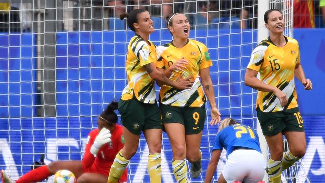 Caitlin Foord, No 9, after kicking Australia’s opening goal against Brazil at the Mosson Stadium in Montpellier, southern France