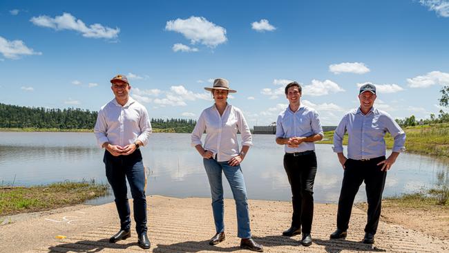 News Courier Mail 8.2.2022, Paradise Dam, Premier Annastacia Palaszczuk, at Paradise dam with Deputy Premier Steven Miles, Bundaberg member Tom Smith &amp; Minister Glenn Butcher Photo Paul Beutel