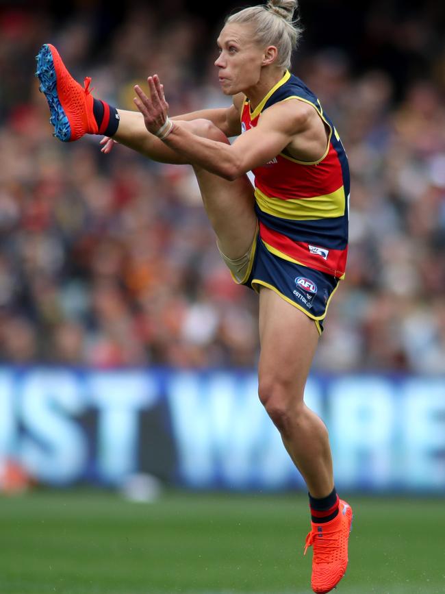 The boots in action during the Crows’ 45-point AFLW grand final win over Carlton. Picture: AAP/Kelly Barnes