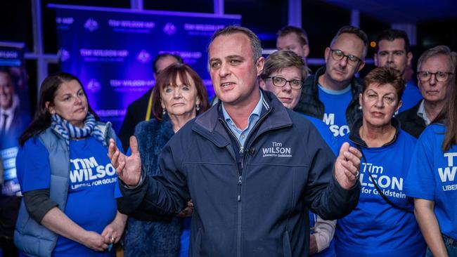 Tim Wilson speaks to media during his election night party. Picture: Jake Nowakowski