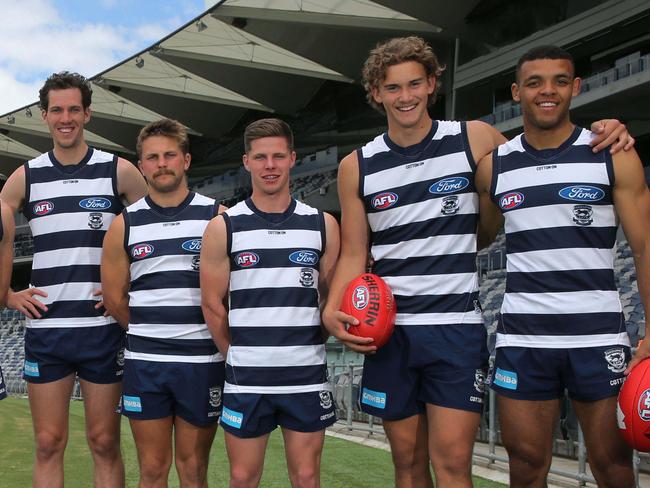 New Geelong recruits (L-R) Darcy Fort (Central District), Tom Atkins, Jake Tarca (South Adelaide), Blake Schlensog and Stefan Okunbor. Picture: Peter Ristevski