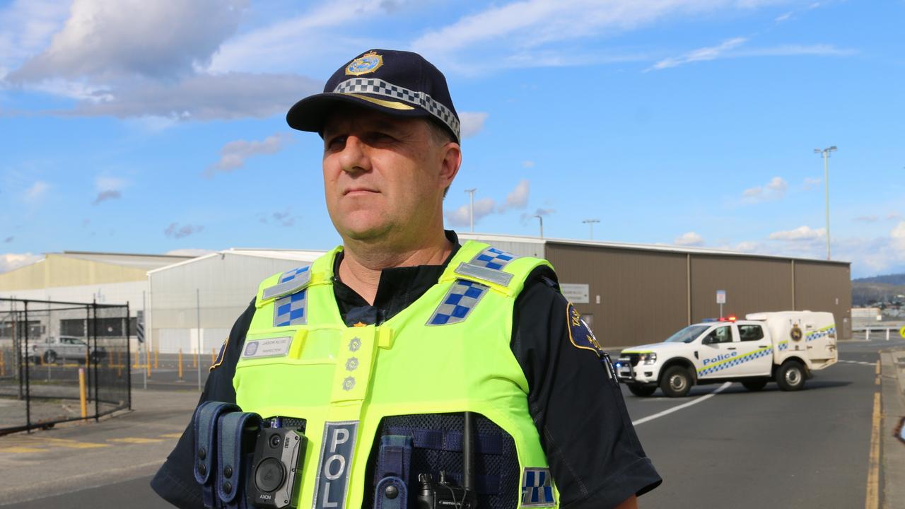 Inspector Jason Klug speaks to the media following jet fuel spill at Macquarie wharf. 1 December 2024. Picture: Elise Kaine