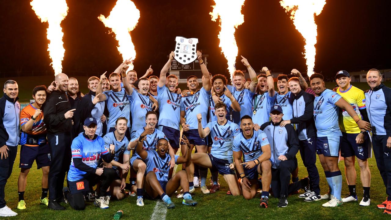The NSW Blues Under-19s celebrate their big win. Picture: NRL Photos/Gregg Porteous