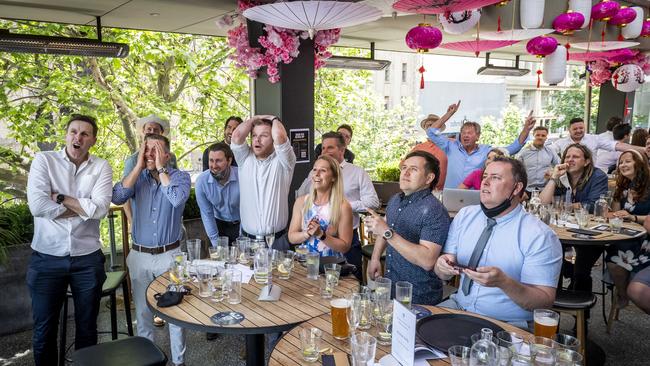 Punters watch the Melbourne Cup at the Duke of Wellington Pub &amp; Rooftop Bar in Melbourne's CBD. Picture: Jake Nowakowski