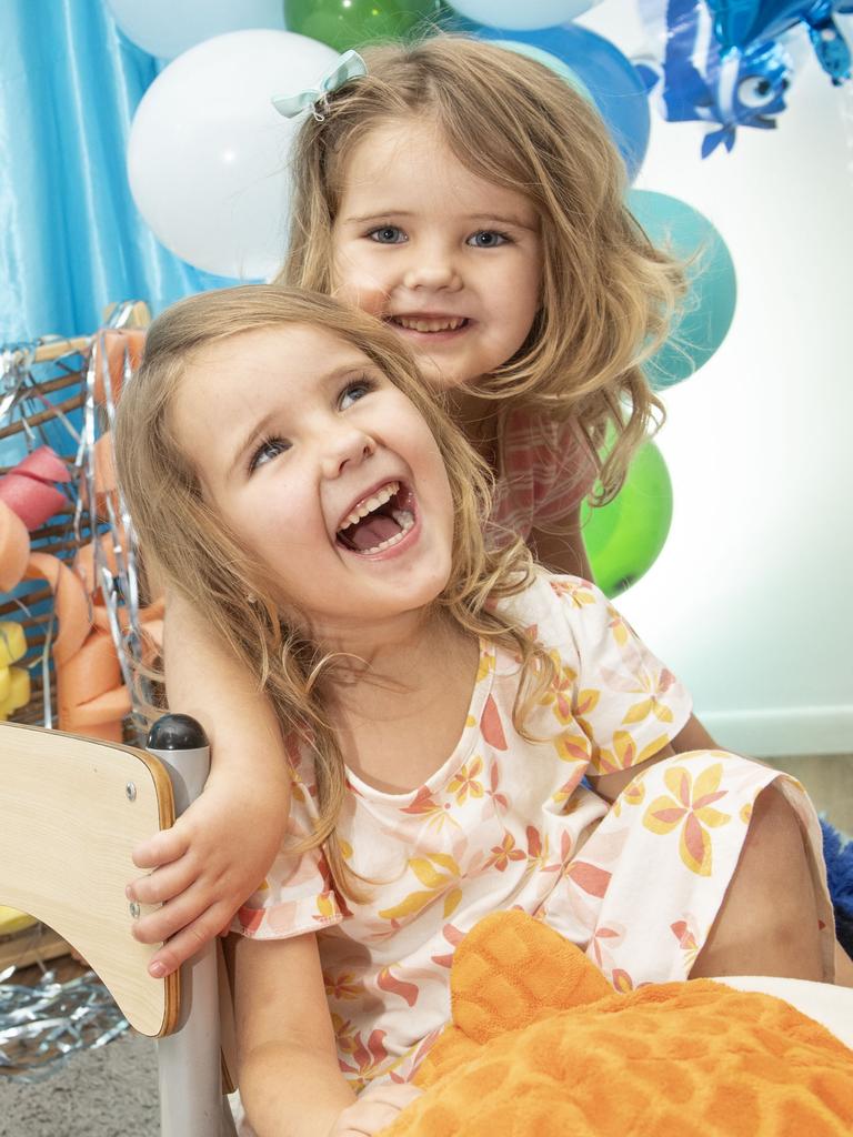 5 year old twins Indiana (left) and Brooklyn Fry at LEAD Childcare Toowoomba. Friday, December 3, 2021. Picture: Nev Madsen.