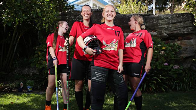 Gabi Palme (16), Karolina Kambersky (18), Cara Horn (14) and Megan Lugtenburg (19) play floorball and are heading to the world championships. Picture: Adam Yip