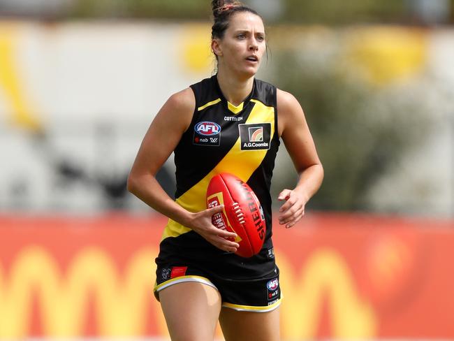 MELBOURNE, AUSTRALIA - FEBRUARY 14: Debutant Tessa Lavey of the Tigers in action during the 2021 AFLW Round 03 match between the Richmond Tigers and the Collingwood Magpies at the Swinburne Centre on February 14, 2021 in Melbourne, Australia. (Photo by Michael Willson/AFL Photos via Getty Images)