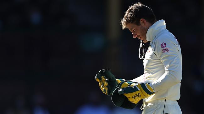 Paine reacts after dropping a catch against India on the final day of the Third Test. Picture: Ryan Pierse/Getty Images