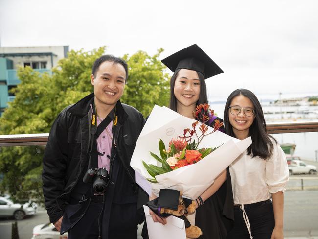 Clinton Dunog, Jan Cheng and Jade Long. UTAS graduations. School of College of Health and Medicine Graduate Research. Picture: RICHARD JUPE