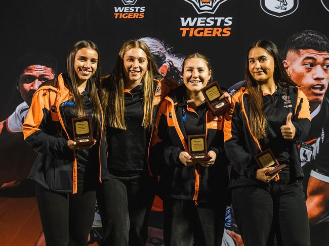 Wests Tigers Tarsha Gale Cup award winners (from left) Tiana-Lee Thorne, Claire Kennedy, Imogen Hope and Jae Patu. Picture: Contributed