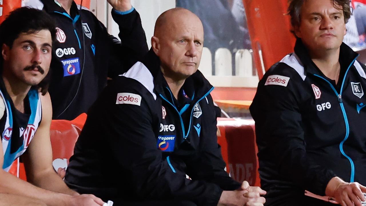 SYDNEY, AUSTRALIA - SEPTEMBER 20: Ken Hinkley, Senior Coach of the Power is seen on the interchange during the 2024 AFL First Preliminary Final match between the Sydney Swans and the Port Adelaide Power at The Sydney Cricket Ground on September 20, 2024 in Sydney, Australia. (Photo by Dylan Burns/AFL Photos via Getty Images)