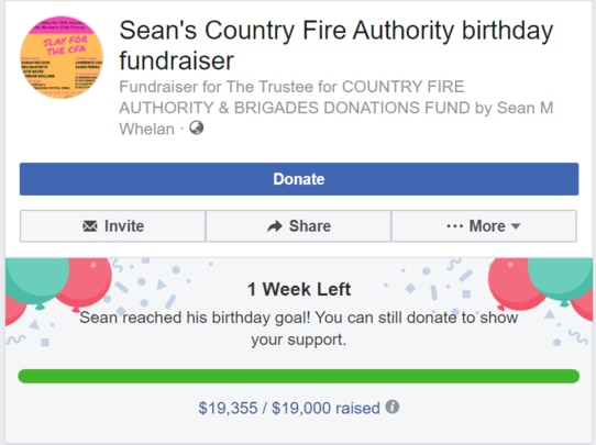 Sean Whelan's birthday fundraiser for the CFA has collected almost $20,000 and still has two days left. Pic: supplied.