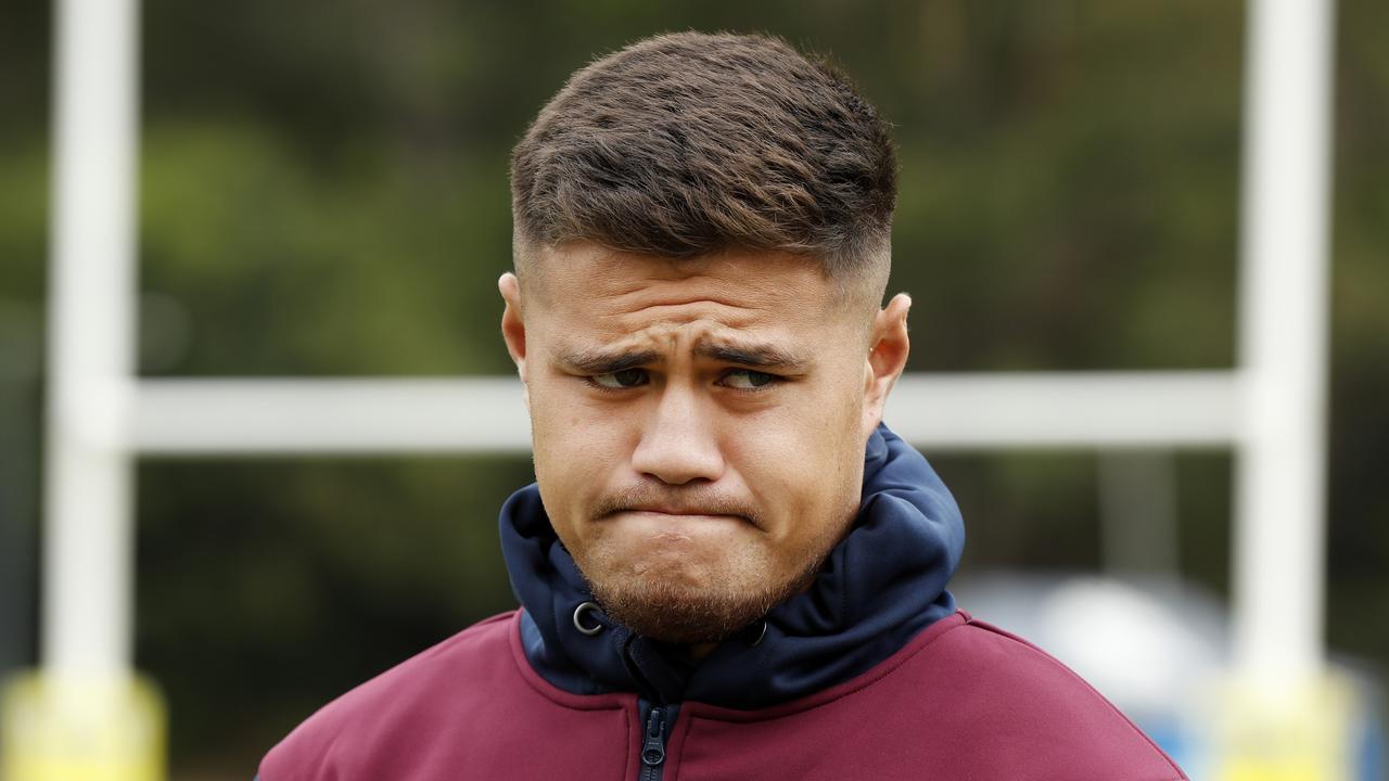 Manly Warringah Sea Eagles player Josh Schuster speaking to the media during a training session at the Sydney Academy of Sport and Recreation in North Narrabeen. Picture: Jonathan Ng