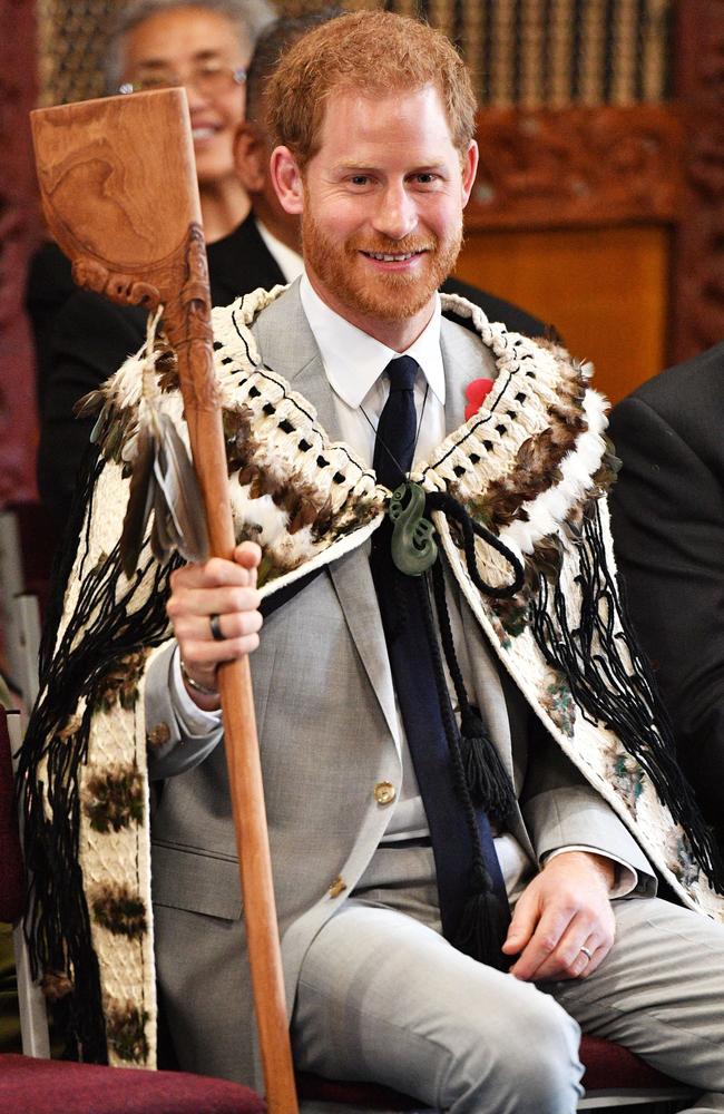 Prince Harry receives a ceremonial cloak in Rotorua. Picture: AP